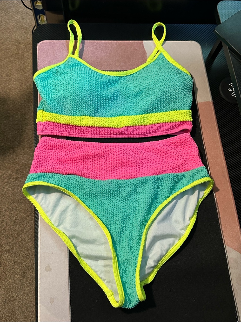 Pink Lily Aqua Hot Pink Neon Crinkle High Waisted Bikini Set